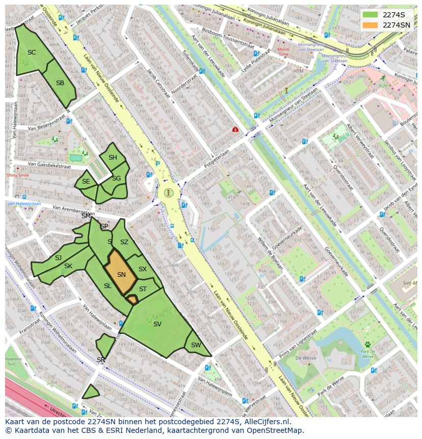 Afbeelding van het postcodegebied 2274 SN op de kaart.