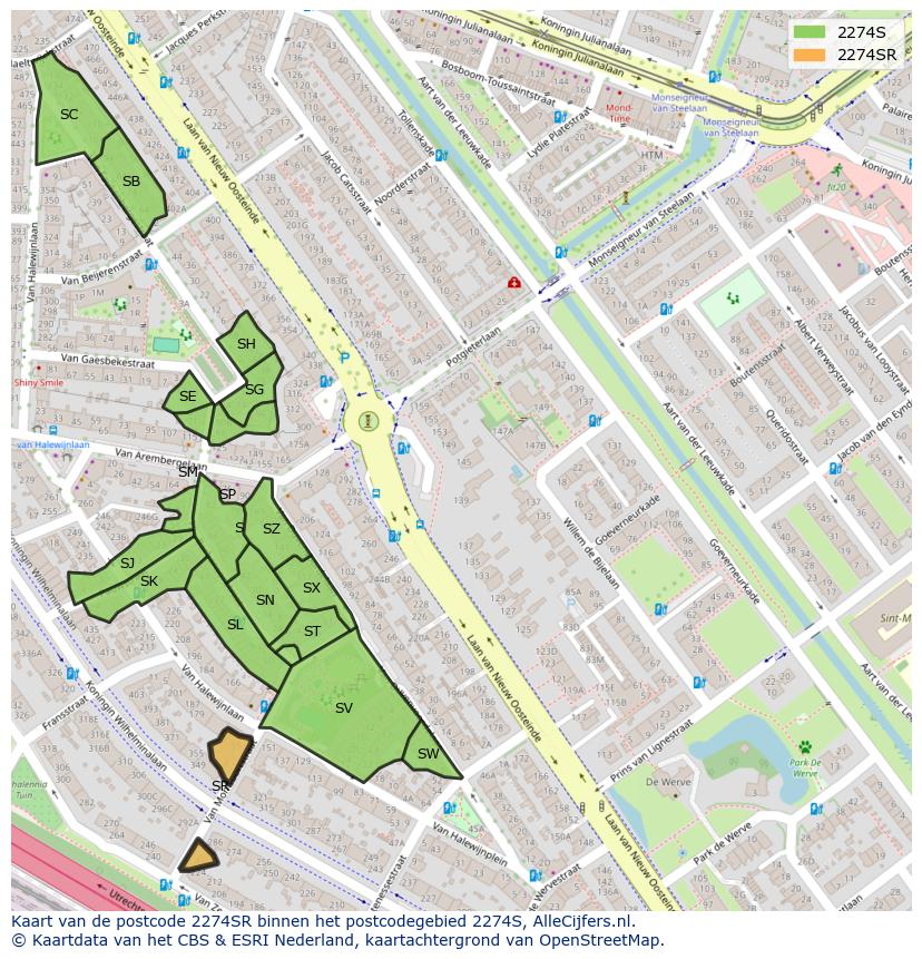 Afbeelding van het postcodegebied 2274 SR op de kaart.