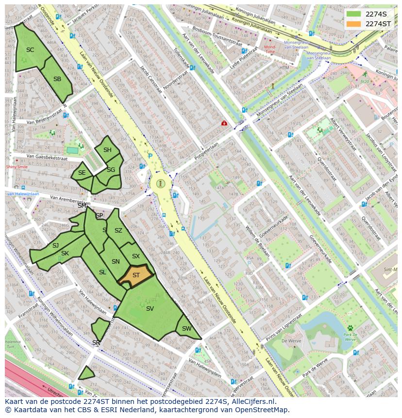 Afbeelding van het postcodegebied 2274 ST op de kaart.