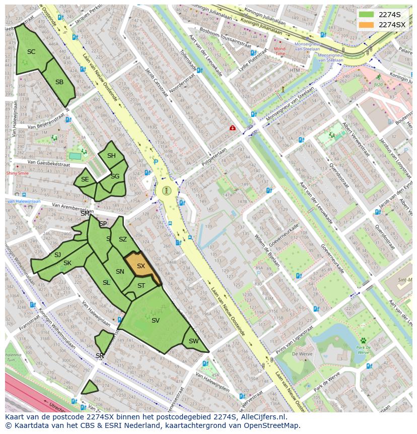 Afbeelding van het postcodegebied 2274 SX op de kaart.