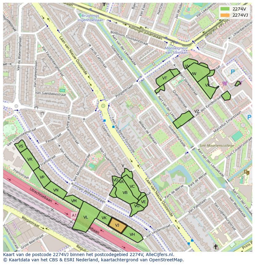 Afbeelding van het postcodegebied 2274 VJ op de kaart.