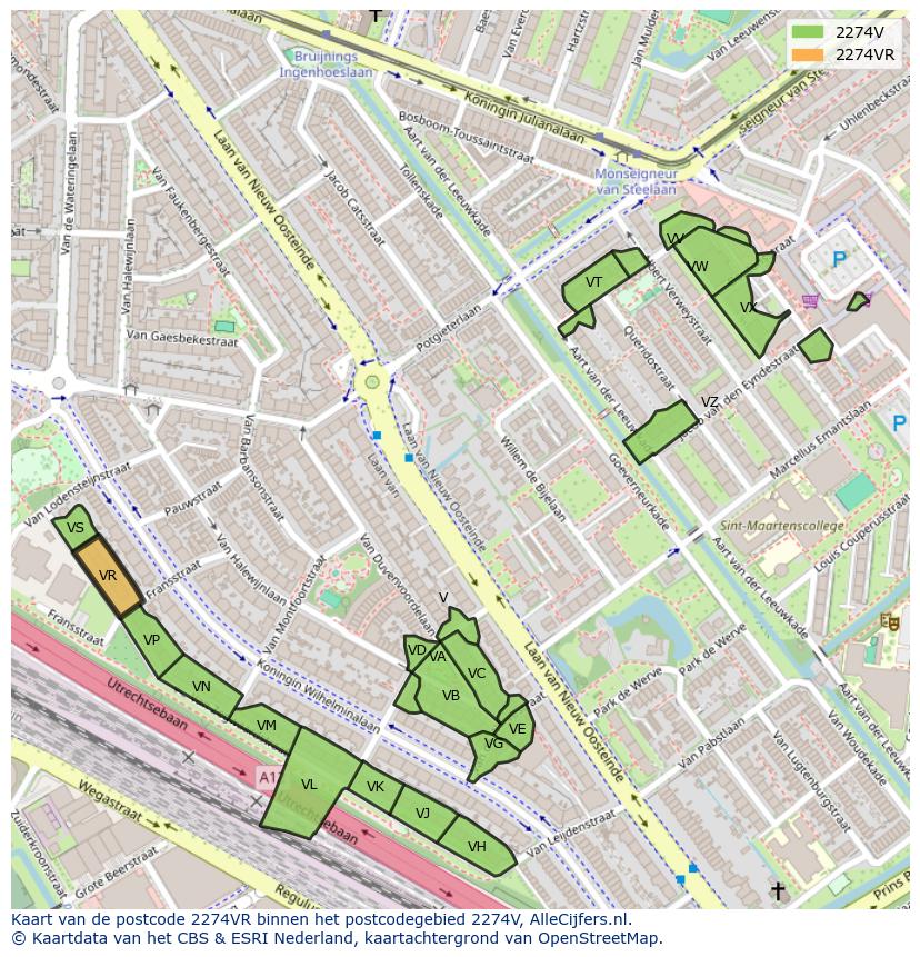 Afbeelding van het postcodegebied 2274 VR op de kaart.