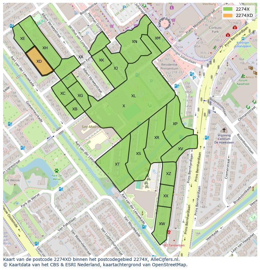 Afbeelding van het postcodegebied 2274 XD op de kaart.