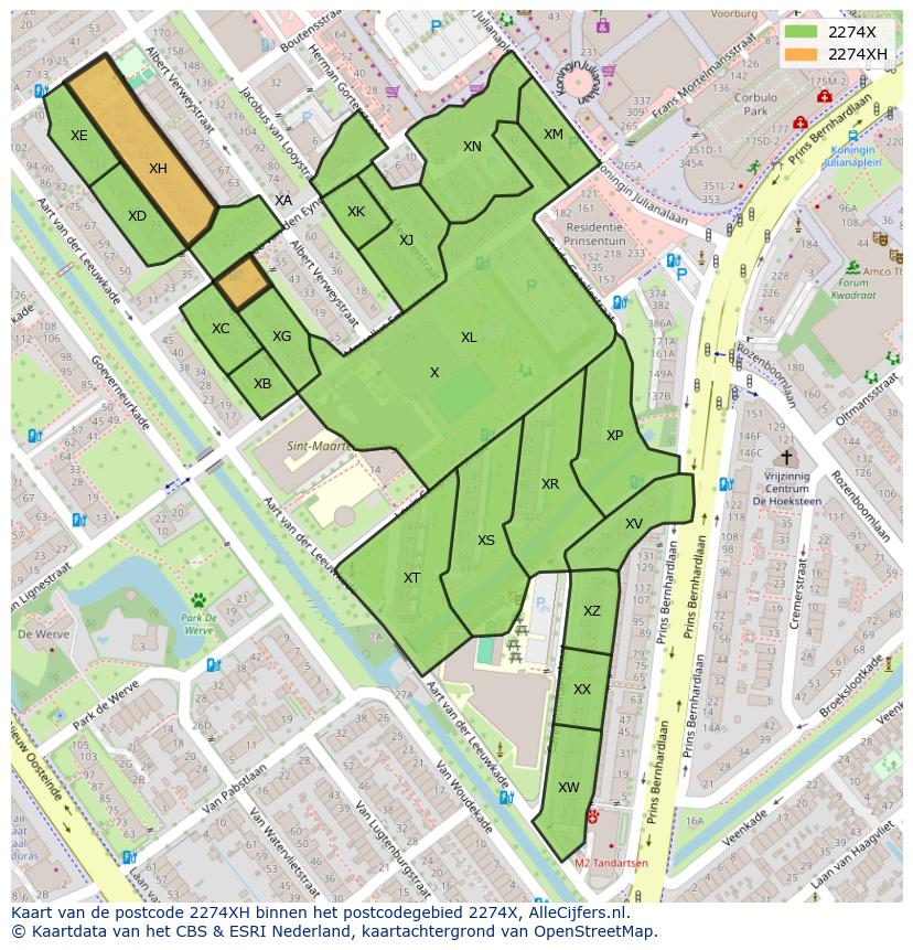Afbeelding van het postcodegebied 2274 XH op de kaart.
