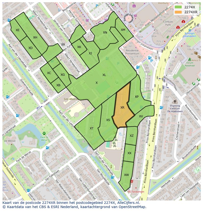 Afbeelding van het postcodegebied 2274 XR op de kaart.
