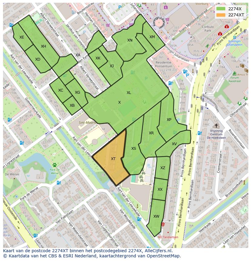 Afbeelding van het postcodegebied 2274 XT op de kaart.