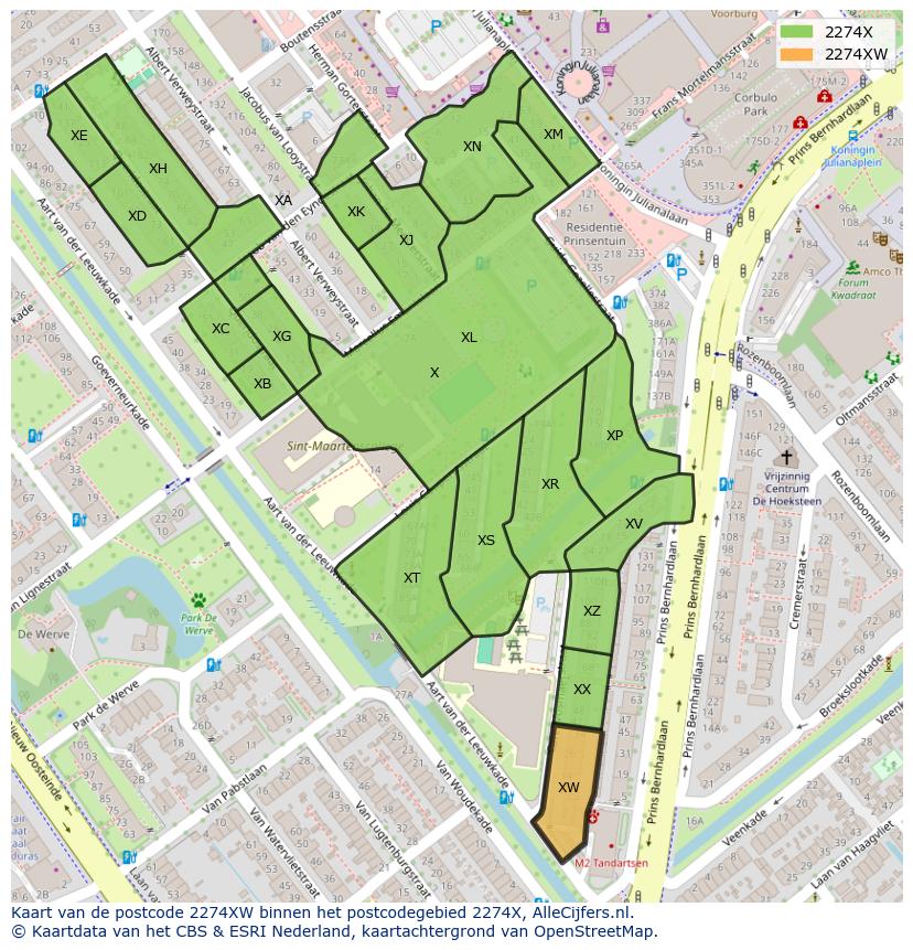 Afbeelding van het postcodegebied 2274 XW op de kaart.