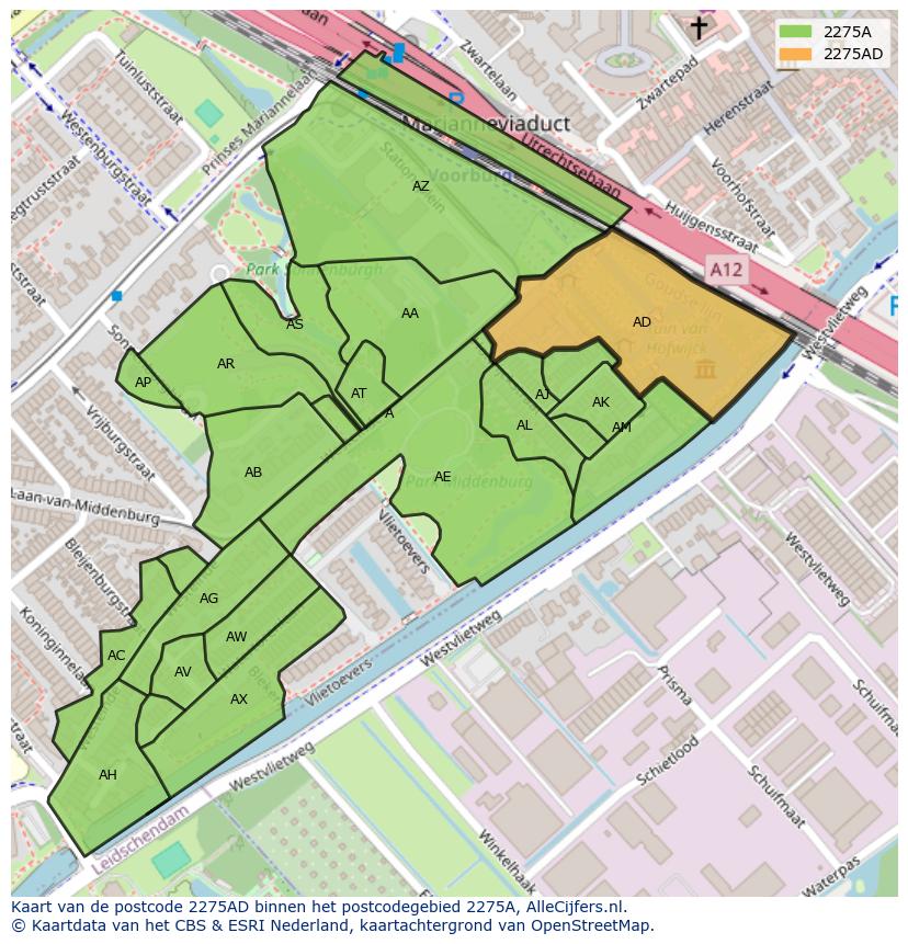 Afbeelding van het postcodegebied 2275 AD op de kaart.