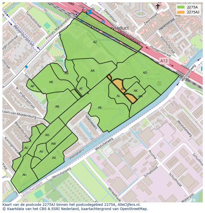 Afbeelding van het postcodegebied 2275 AJ op de kaart.