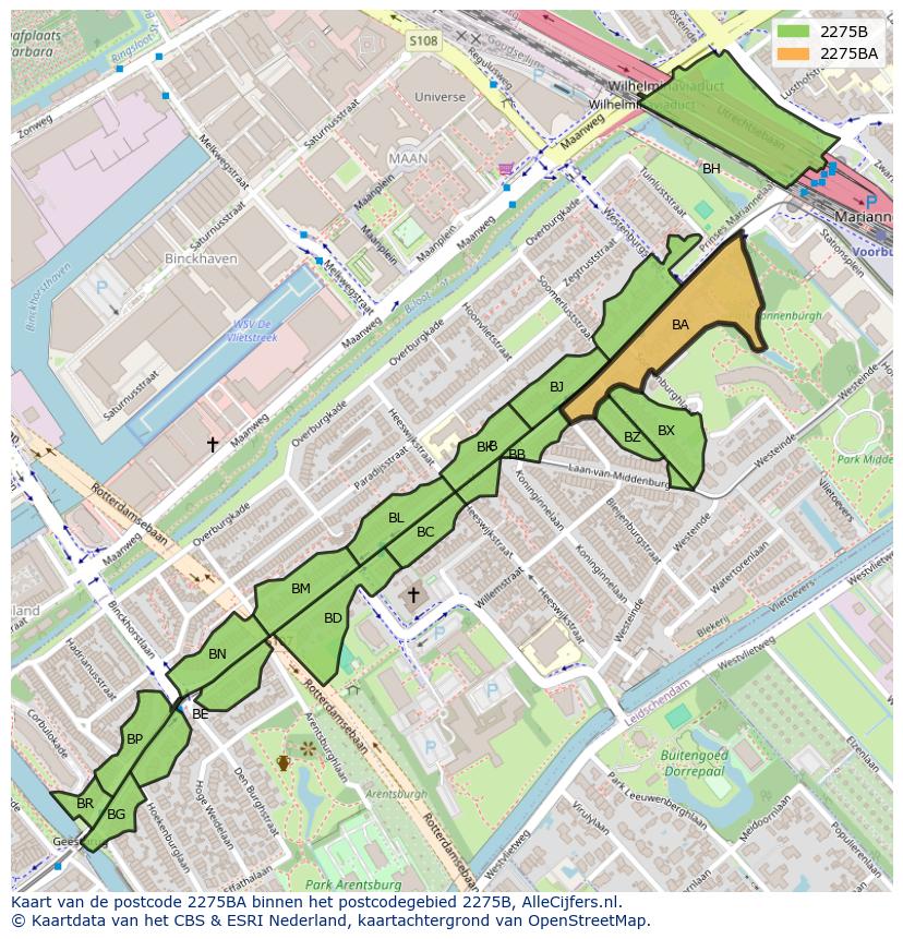 Afbeelding van het postcodegebied 2275 BA op de kaart.