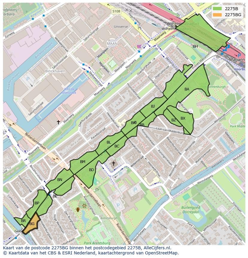 Afbeelding van het postcodegebied 2275 BG op de kaart.