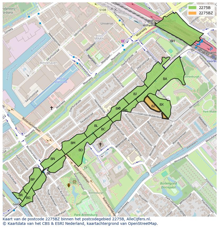 Afbeelding van het postcodegebied 2275 BZ op de kaart.
