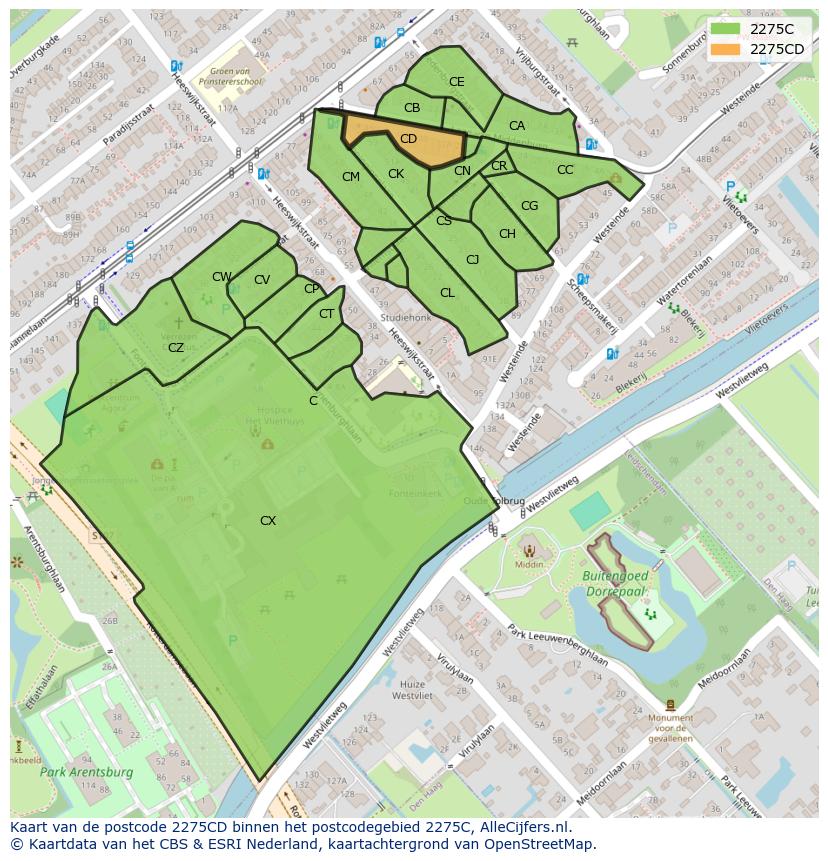 Afbeelding van het postcodegebied 2275 CD op de kaart.
