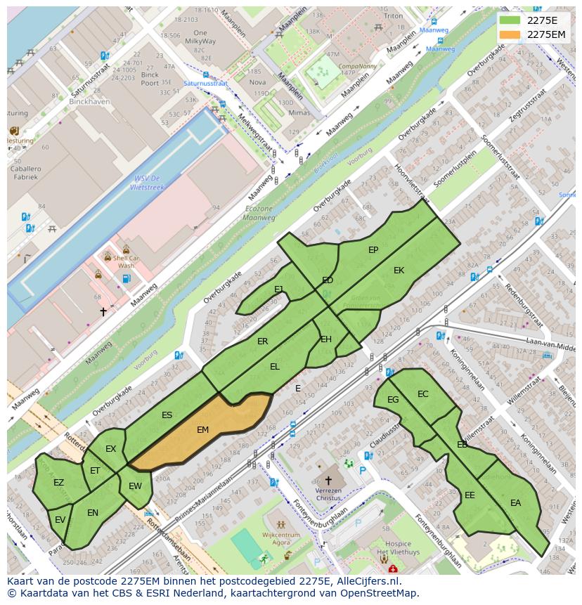Afbeelding van het postcodegebied 2275 EM op de kaart.