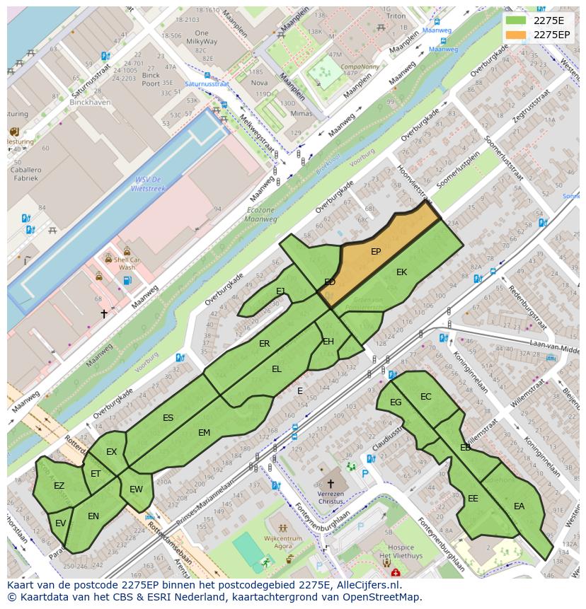 Afbeelding van het postcodegebied 2275 EP op de kaart.