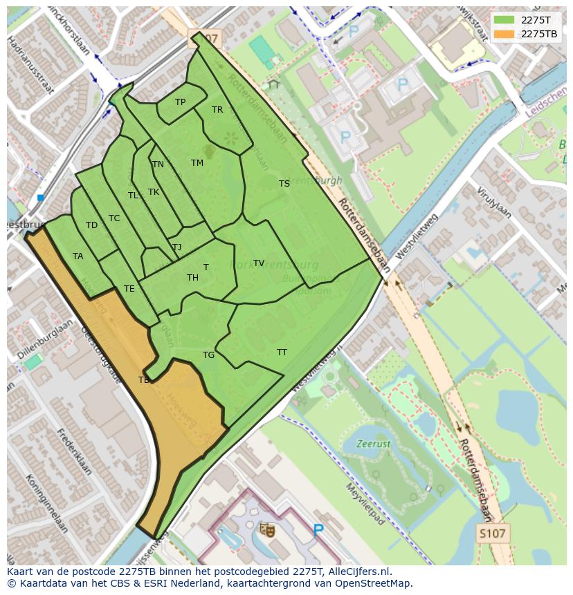 Afbeelding van het postcodegebied 2275 TB op de kaart.