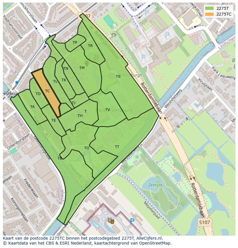 Afbeelding van het postcodegebied 2275 TC op de kaart.
