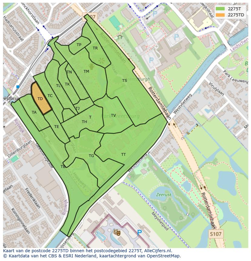 Afbeelding van het postcodegebied 2275 TD op de kaart.