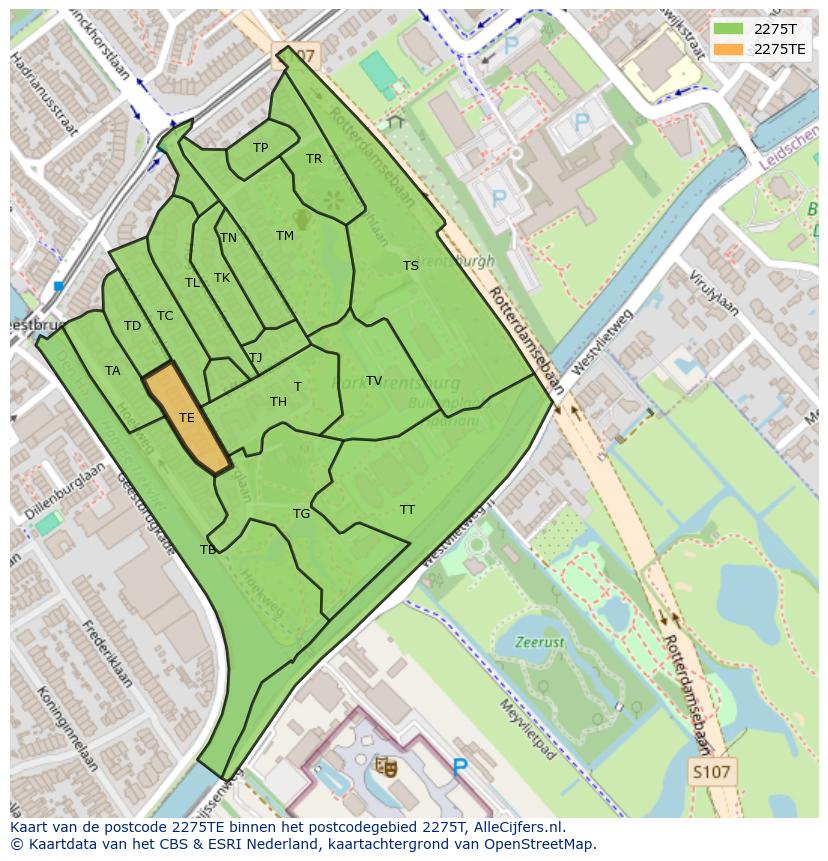 Afbeelding van het postcodegebied 2275 TE op de kaart.