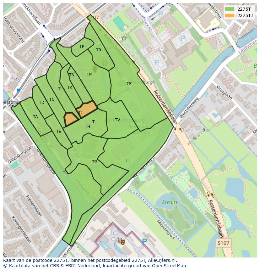 Afbeelding van het postcodegebied 2275 TJ op de kaart.