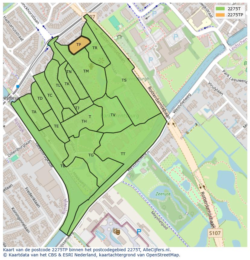 Afbeelding van het postcodegebied 2275 TP op de kaart.