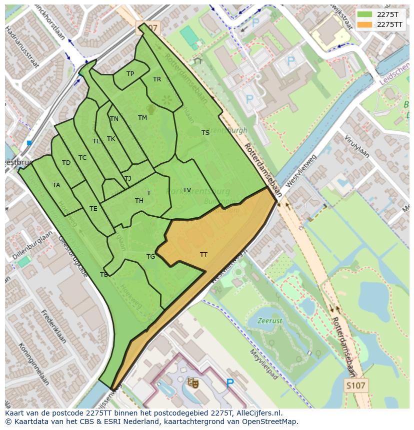 Afbeelding van het postcodegebied 2275 TT op de kaart.