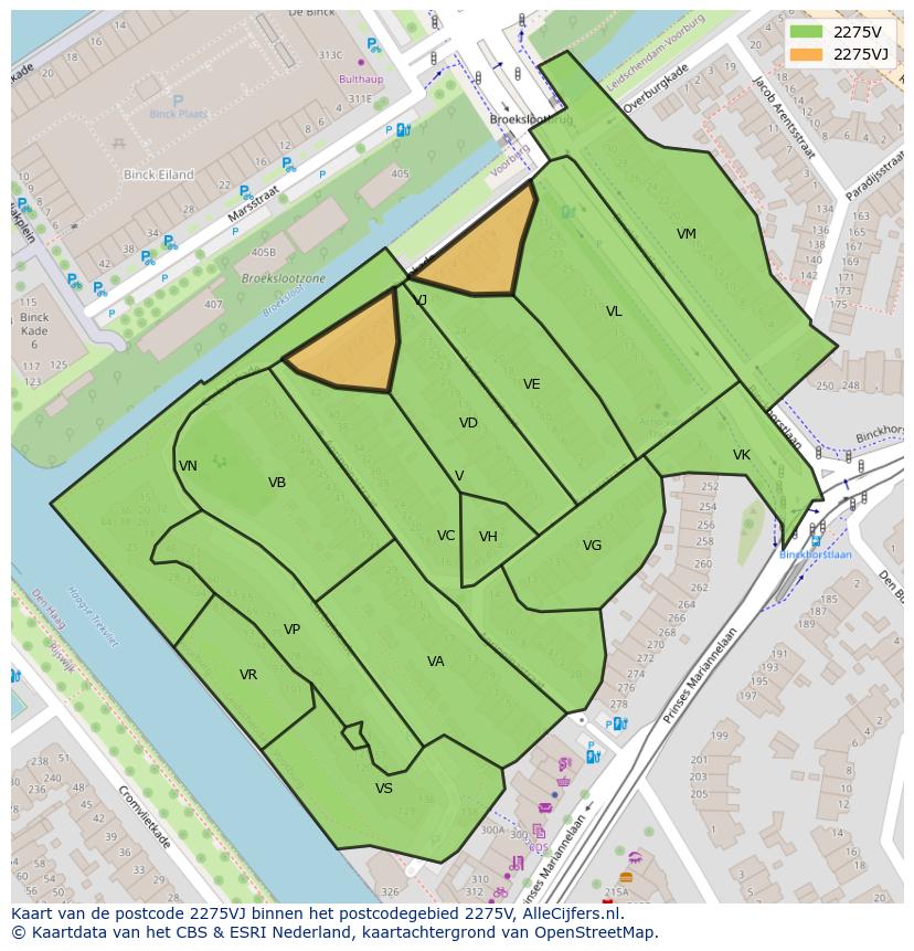Afbeelding van het postcodegebied 2275 VJ op de kaart.