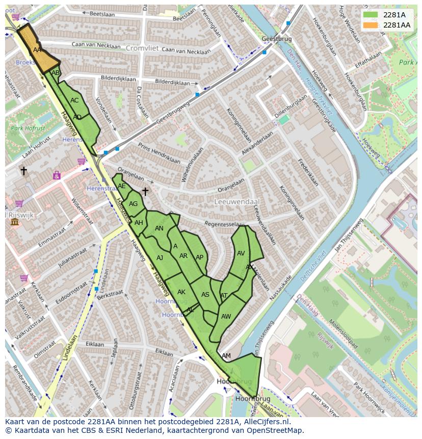 Afbeelding van het postcodegebied 2281 AA op de kaart.