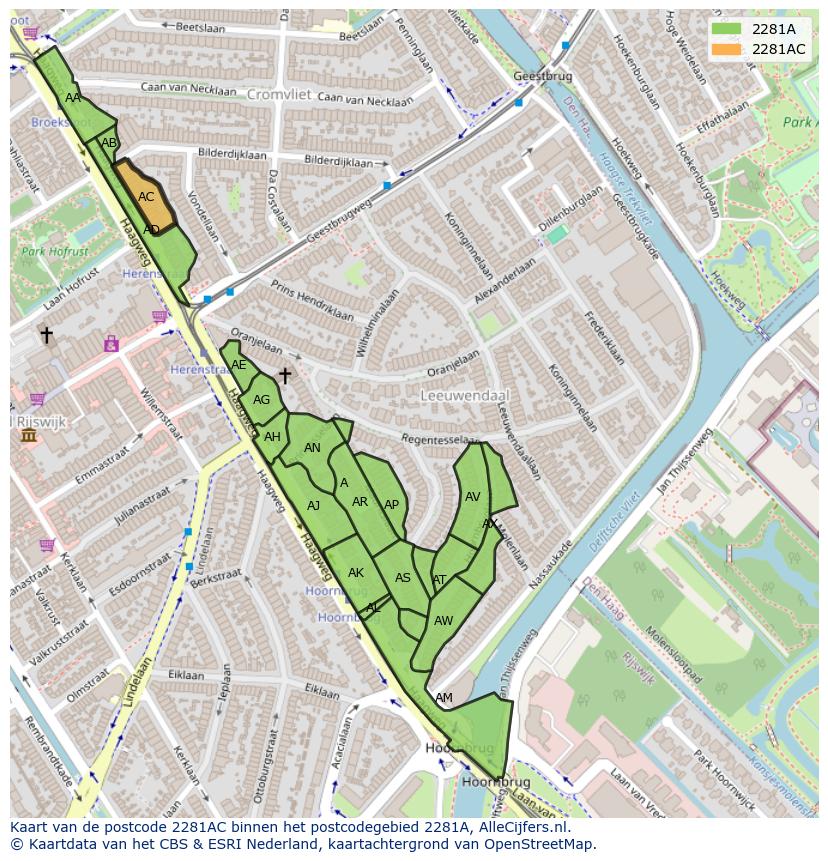 Afbeelding van het postcodegebied 2281 AC op de kaart.