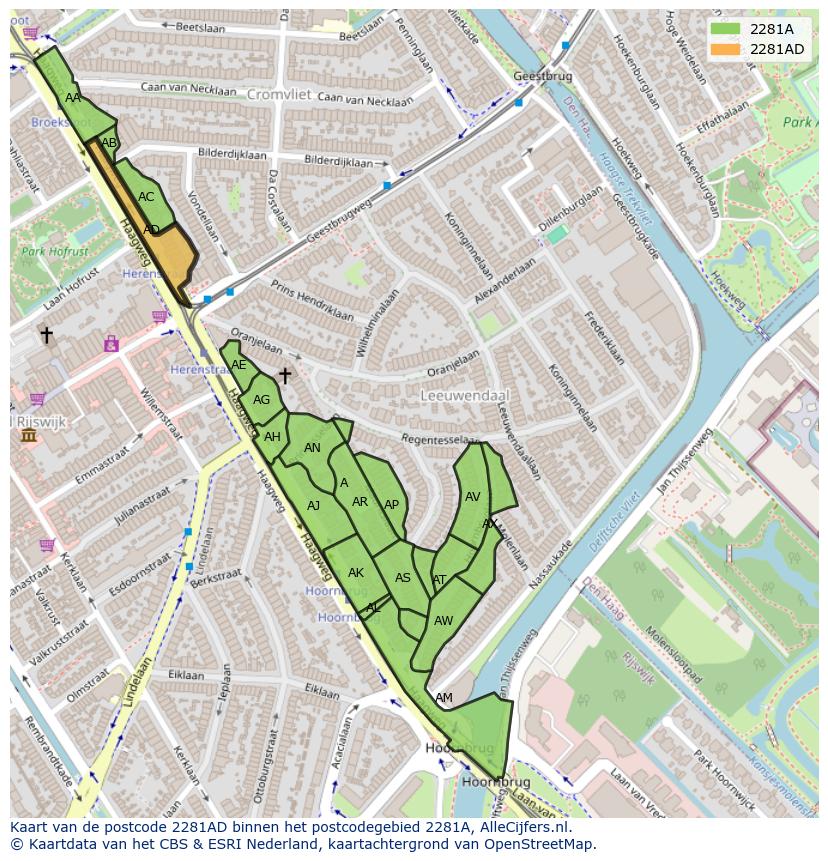 Afbeelding van het postcodegebied 2281 AD op de kaart.