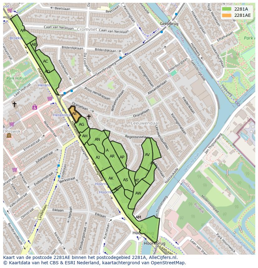 Afbeelding van het postcodegebied 2281 AE op de kaart.