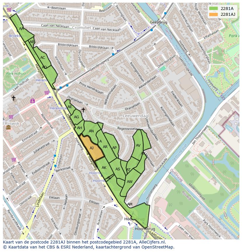 Afbeelding van het postcodegebied 2281 AJ op de kaart.