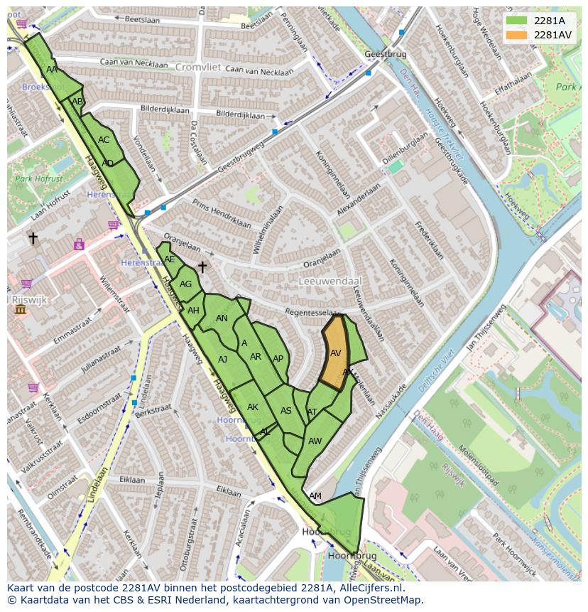Afbeelding van het postcodegebied 2281 AV op de kaart.