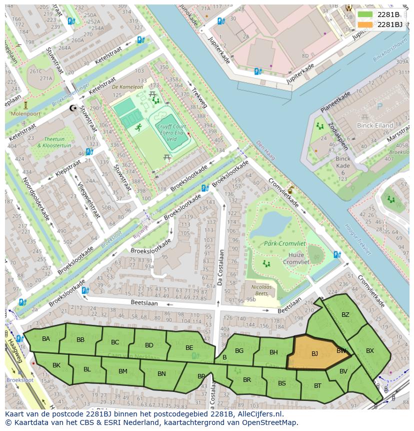 Afbeelding van het postcodegebied 2281 BJ op de kaart.