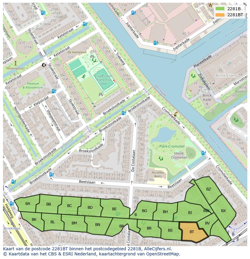 Afbeelding van het postcodegebied 2281 BT op de kaart.
