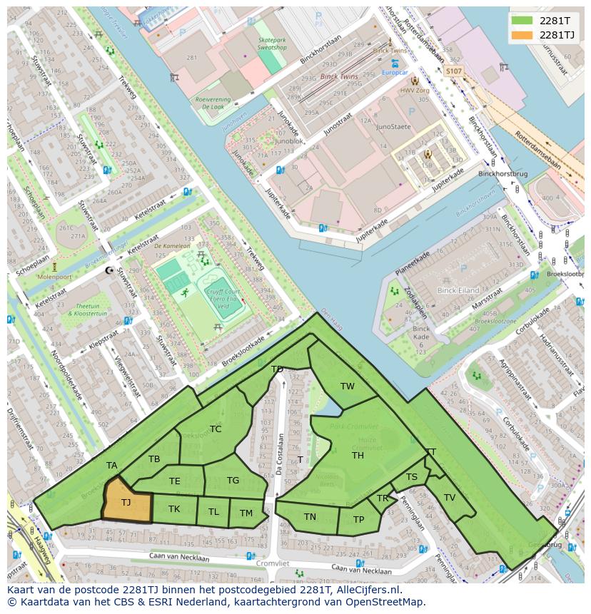 Afbeelding van het postcodegebied 2281 TJ op de kaart.