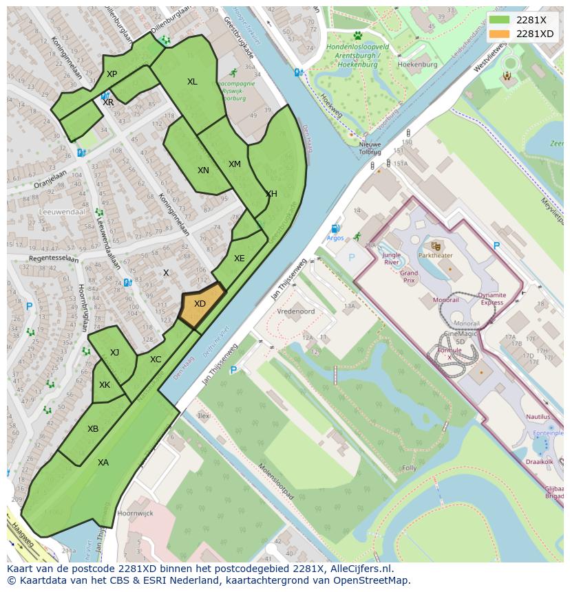 Afbeelding van het postcodegebied 2281 XD op de kaart.