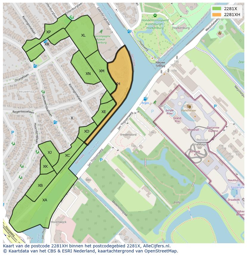 Afbeelding van het postcodegebied 2281 XH op de kaart.