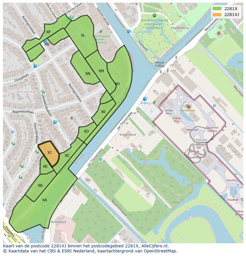 Afbeelding van het postcodegebied 2281 XJ op de kaart.