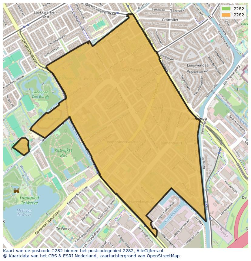 Afbeelding van het postcodegebied 2282 op de kaart.