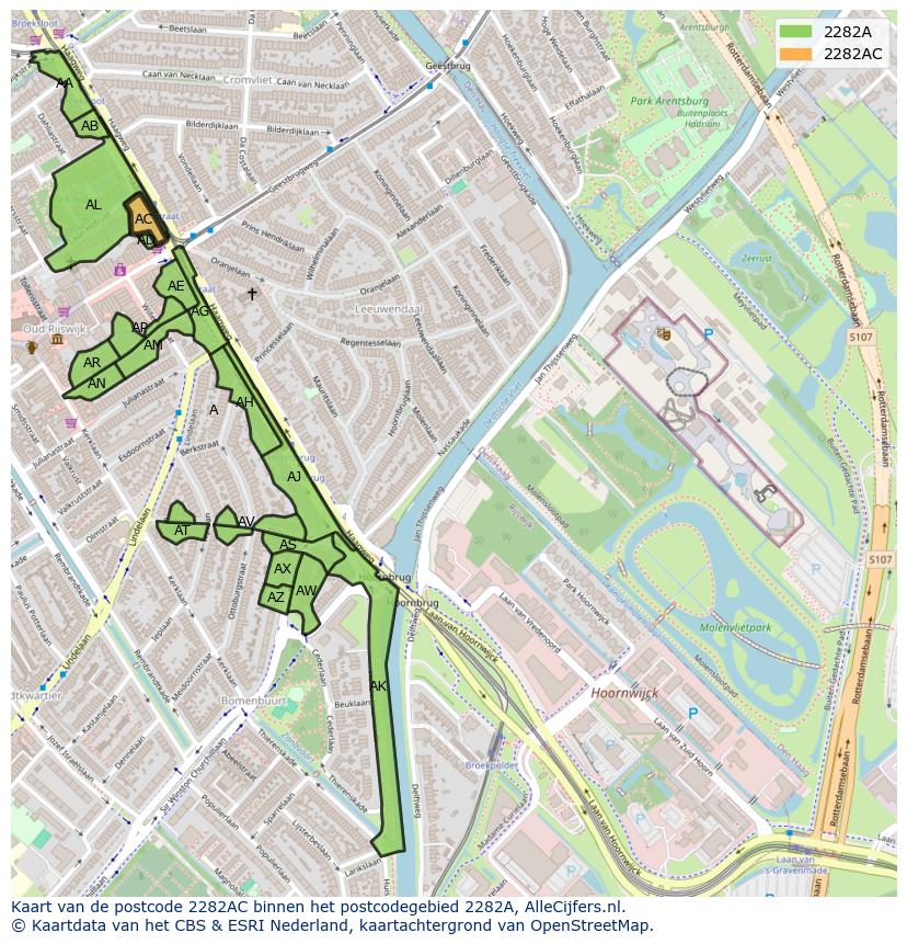 Afbeelding van het postcodegebied 2282 AC op de kaart.