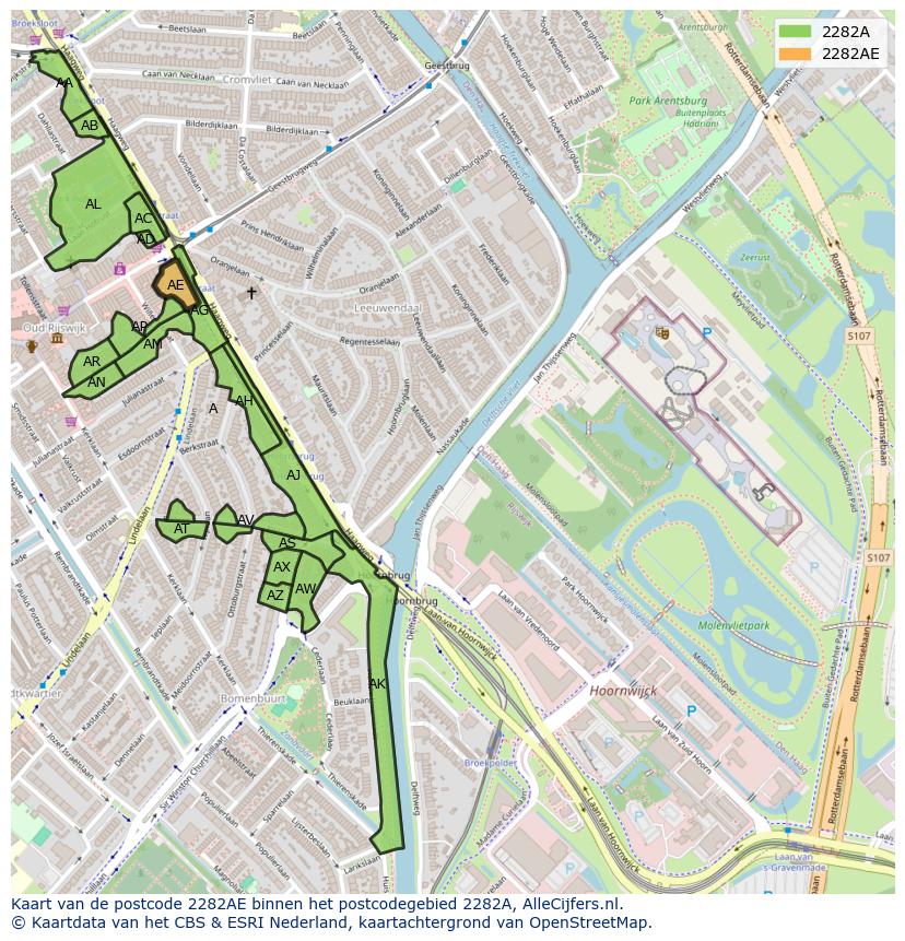Afbeelding van het postcodegebied 2282 AE op de kaart.