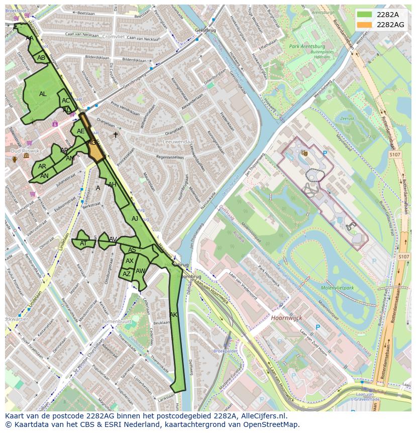 Afbeelding van het postcodegebied 2282 AG op de kaart.