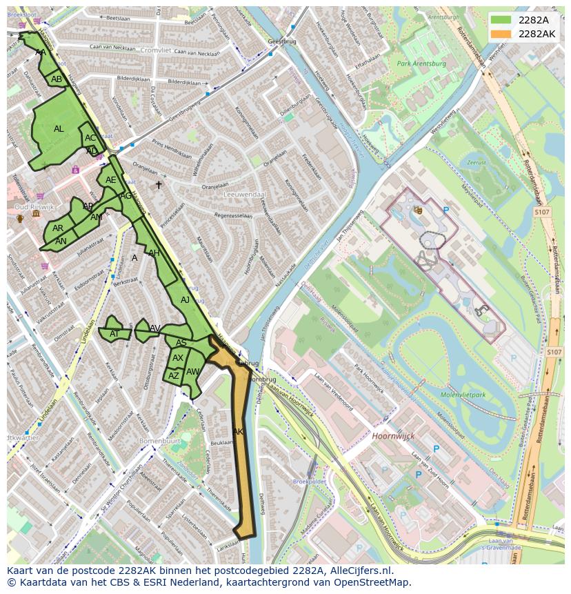 Afbeelding van het postcodegebied 2282 AK op de kaart.