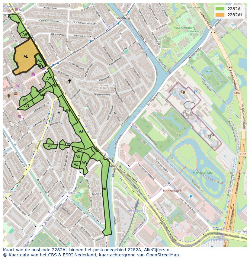 Afbeelding van het postcodegebied 2282 AL op de kaart.