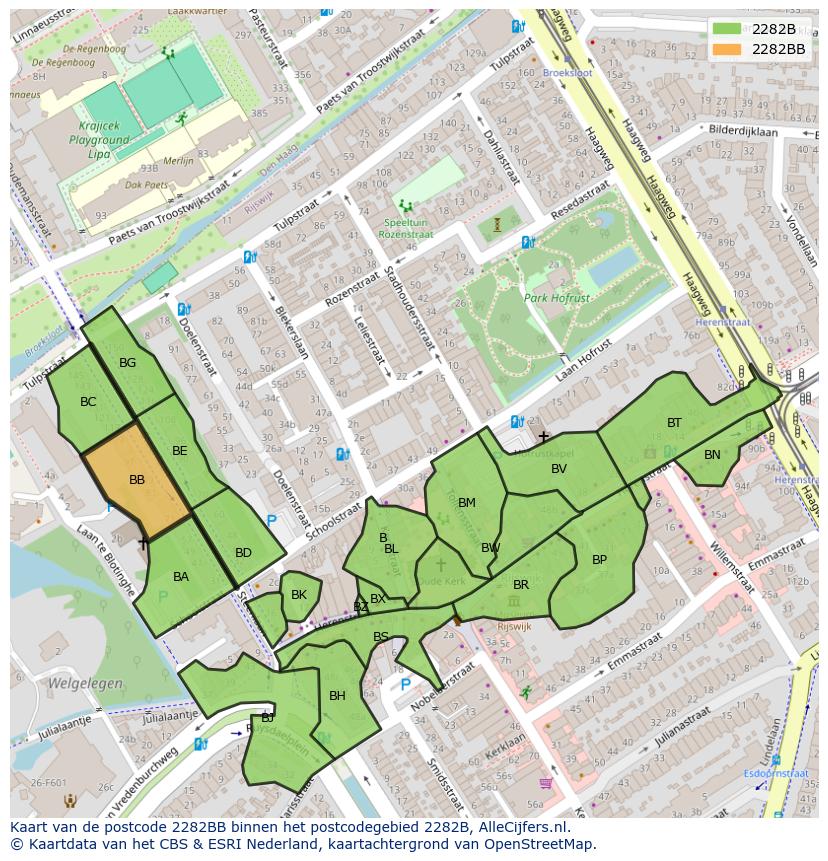Afbeelding van het postcodegebied 2282 BB op de kaart.