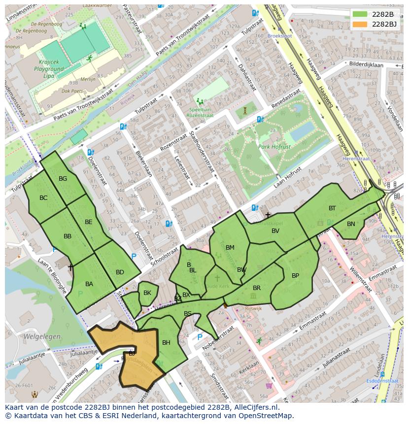 Afbeelding van het postcodegebied 2282 BJ op de kaart.