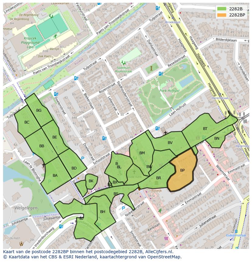 Afbeelding van het postcodegebied 2282 BP op de kaart.