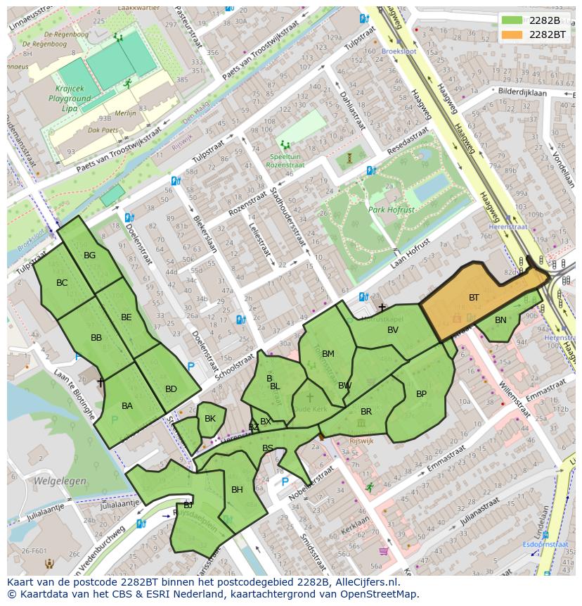 Afbeelding van het postcodegebied 2282 BT op de kaart.