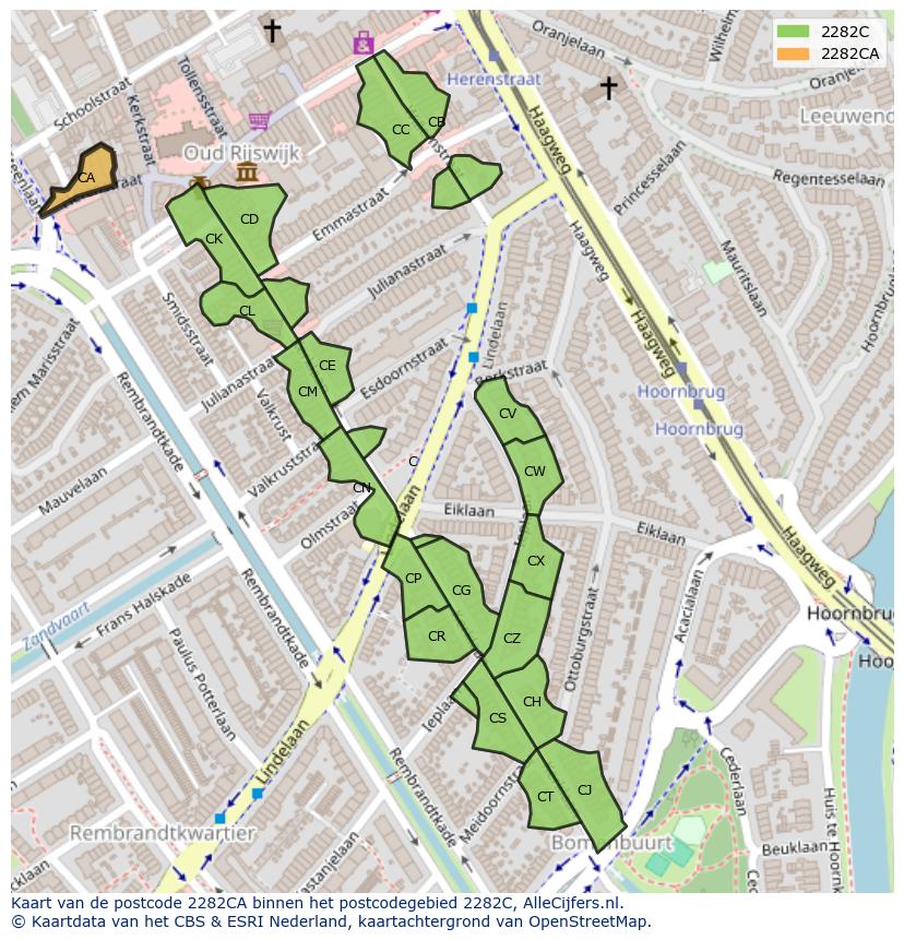 Afbeelding van het postcodegebied 2282 CA op de kaart.
